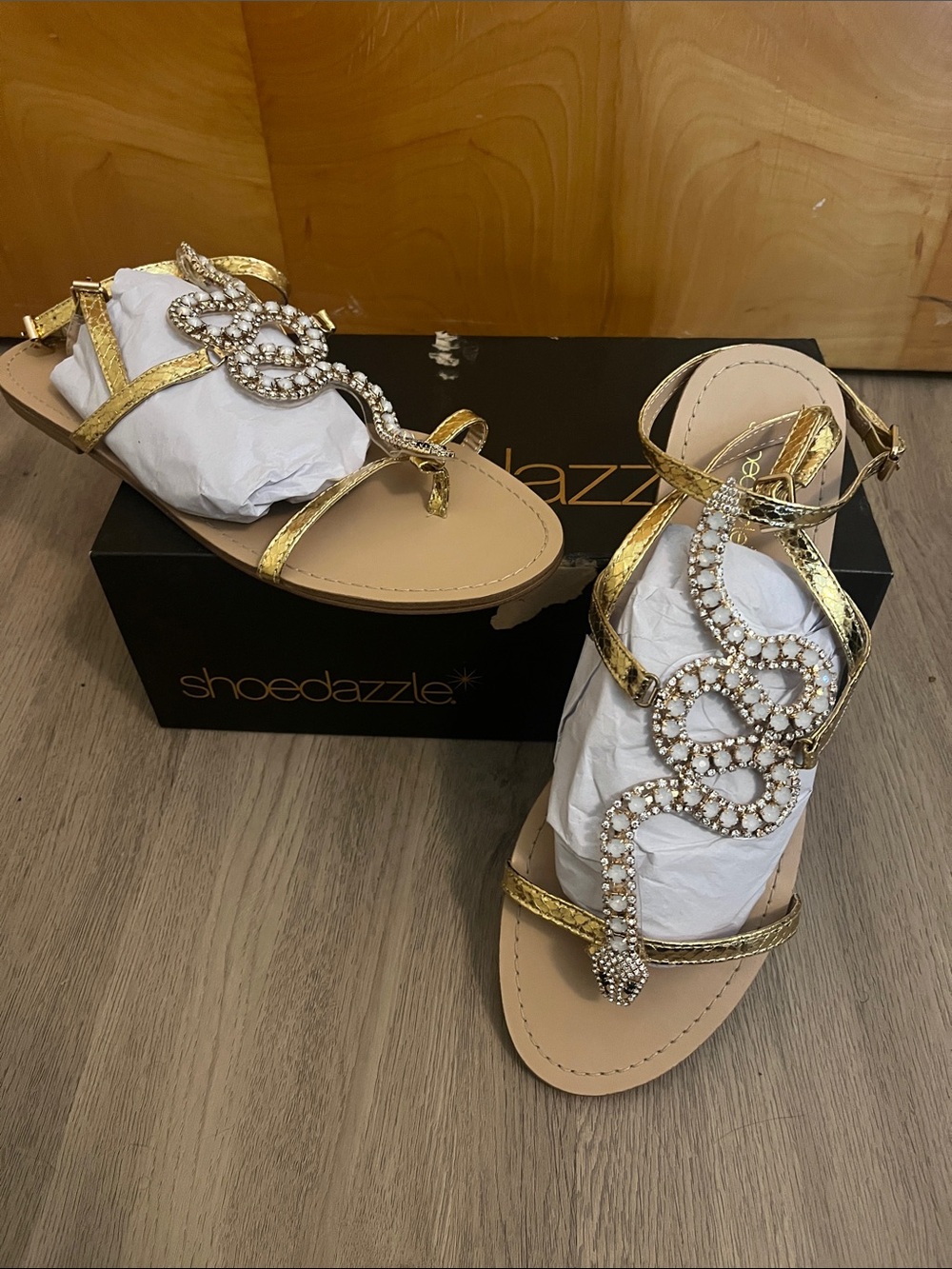 Shoe Dazzle Gold Embellished Snake Sandals